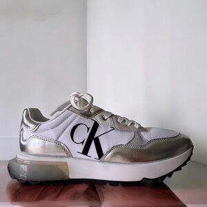 Calvin Klein Metallic Silver and White Sneakers